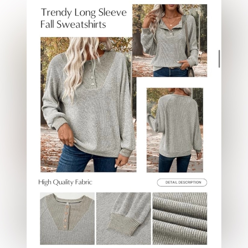 EVALESS Long Sleeve Patchwork Button Up V Neck Casual Pullover Top - Picture 9 of 14